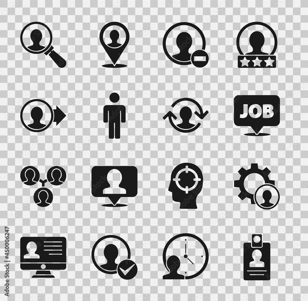 Set Identification badge, Head hunting, Speech bubble with job, Create account screen, User of man, Magnifying glass for search and Human resources icon. Vector Set Identification badge, Head hunting, Speech bubble with job, Create account screen, User of man, Magnifying glass for search and Human resources icon. Vector