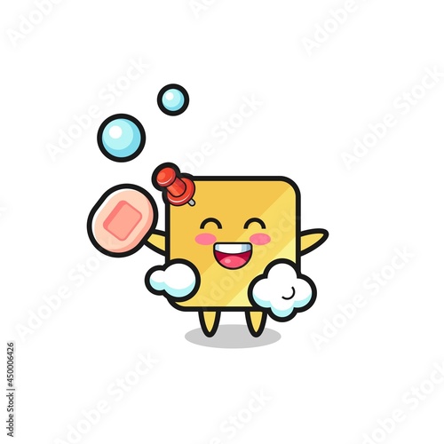 sticky notes character is bathing while holding soap