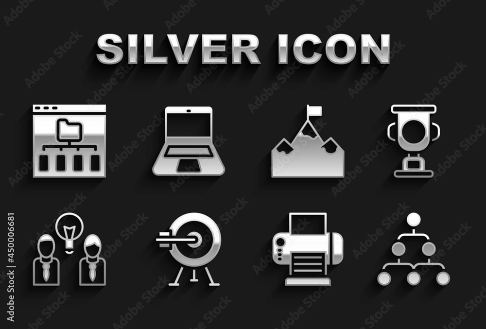 Set Target with arrow, Award cup, Hierarchy organogram chart, Printer, People lamp bulb, Mountains flag, Browser files and Laptop icon. Vector Set Target with arrow, Award cup, Hierarchy organogram chart, Printer, People lamp bulb, Mountains flag, Browser files and Laptop icon. Vector