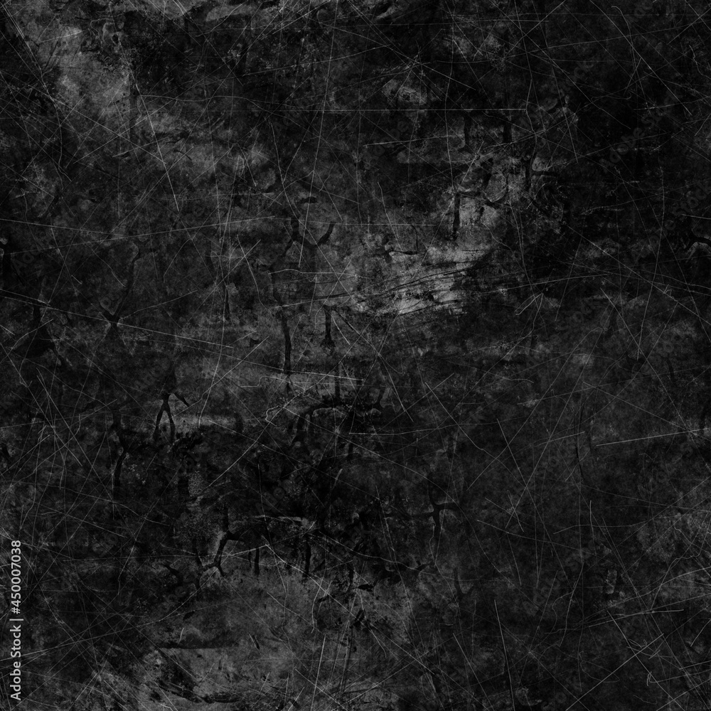 Obraz premium Seamless dark gray or black grungy dirty distressed background. High quality illustration. Messy scratched worn moody chalkboard or concrete wall texture. Ragged downtown tattered urban design.