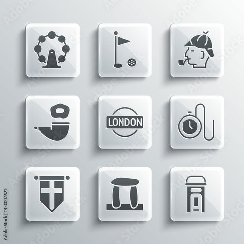 Set Stonehenge, London phone booth, Watch with a chain, sign, England flag pennant, Smoking pipe, eye and Sherlock Holmes icon. Vector
