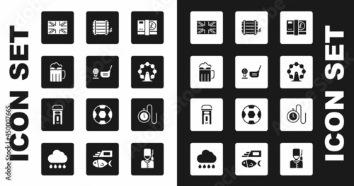 Set Pound sterling money, Golf club with ball tee, Wooden beer mug, Flag of Great Britain, London eye, barrel, Watch chain and phone booth icon. Vector