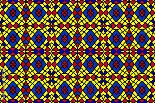 Tribal ethnic retro fashion fabric pattern black line mesh with red blue stripes seamless on yellow background.