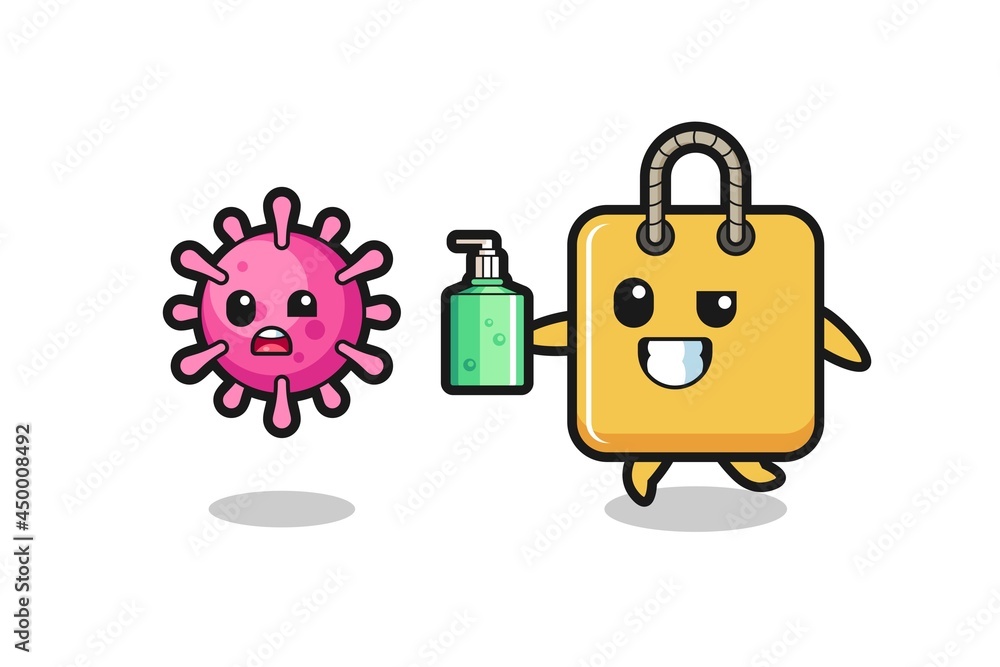 illustration of shopping bag character chasing evil virus with hand sanitizer illustration of shopping bag character chasing evil virus with hand sanitizer