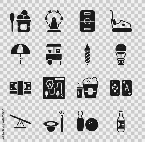 Set Bottle of water, Tarot cards, Hot air balloon, Hockey table, Fast street food cart, Sun protective umbrella, Ice cream in bowl and Firework rocket icon. Vector