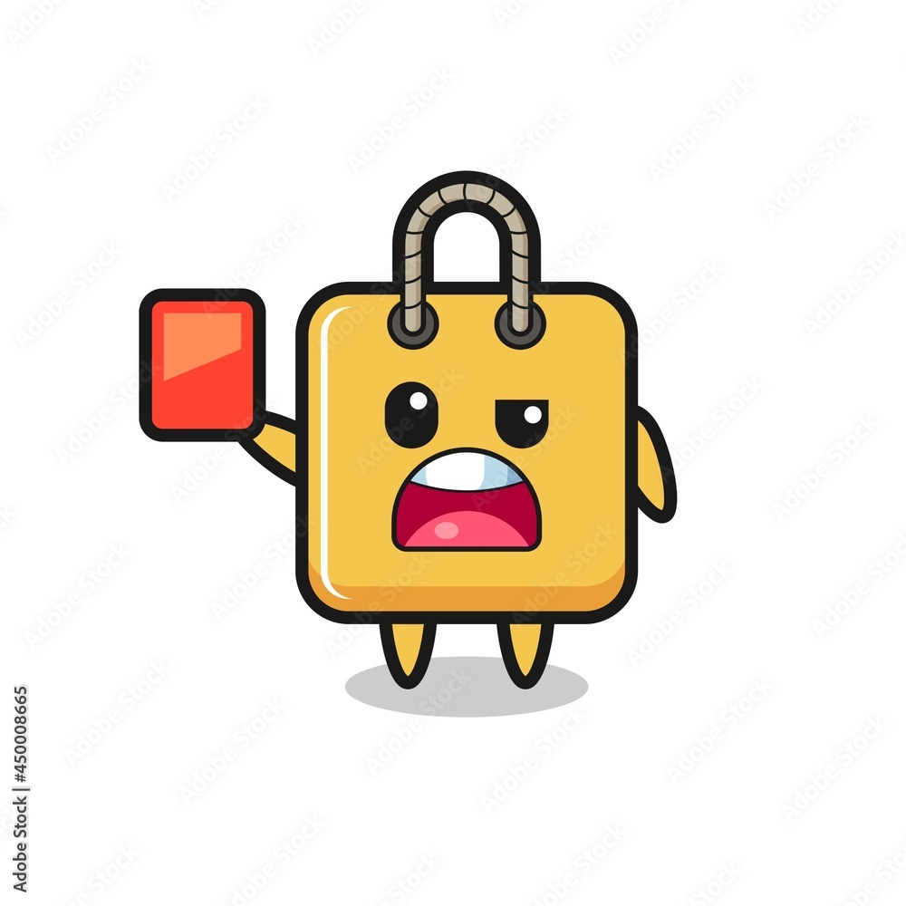 shopping bag cute mascot as referee giving a red card shopping bag cute mascot as referee giving a red card