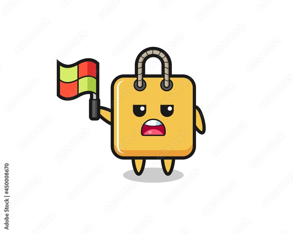 shopping bag character as line judge putting the flag up