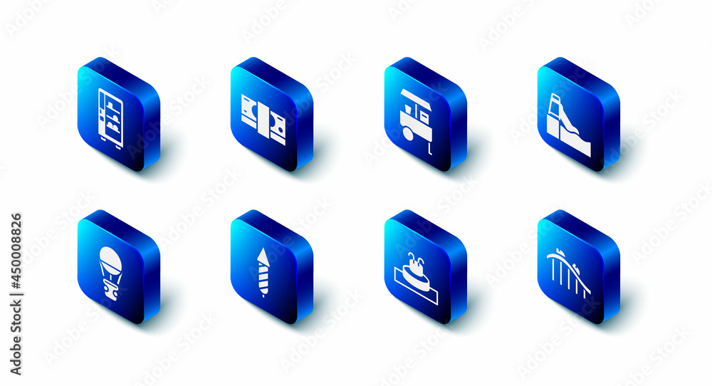 Set Stacks paper money cash, Fast street food cart, Water slide, Roller coaster, Fountain, Firework rocket, Hot air balloon and Vending machine icon. Vector Set Stacks paper money cash, Fast street food cart, Water slide, Roller coaster, Fountain, Firework rocket, Hot air balloon and Vending machine icon. Vector