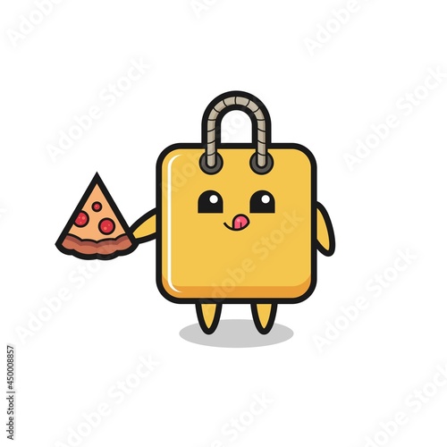 cute shopping bag cartoon eating pizza