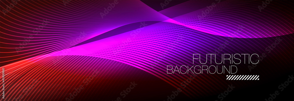 Abstract neon glowing light in the dark with waves. Shiny magic energy and motion concept, vector abstract wallpaper background Abstract neon glowing light in the dark with waves. Shiny magic energy and motion concept, vector abstract wallpaper background