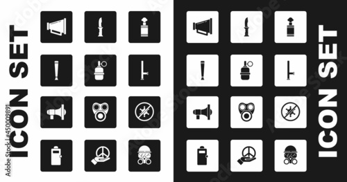 Set Hand grenade, Police rubber baton, Megaphone, Military knife, Protest and icon. Vector