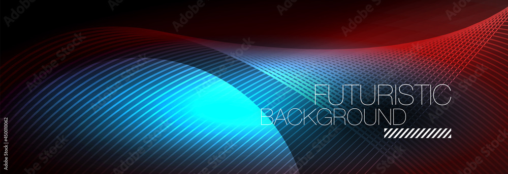 Abstract neon glowing light in the dark with waves. Shiny magic energy and motion concept, vector abstract wallpaper background Abstract neon glowing light in the dark with waves. Shiny magic energy and motion concept, vector abstract wallpaper background