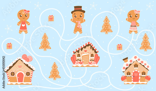 Winter holiday themed printable worksheet for kids with gingerbread houses and characters, colourful children game, find right way or labyrinth on blue background for books