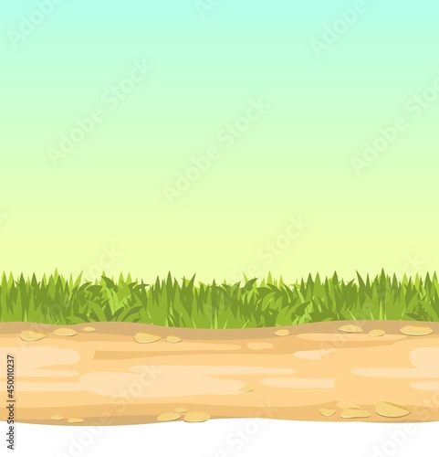 Seamless sandy road. Horizontal border composition. Summer meadow landscape. Juicy grass. Rural rustic scenery. Cartoon design. Flat style art illustration vector