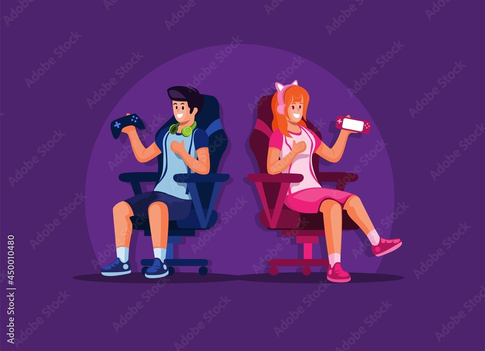 Gamer boy and girl sitting in gaming chair with holding gamepad and portable game. esport player illustration vector Gamer boy and girl sitting in gaming chair with holding gamepad and portable game. esport player illustration vector