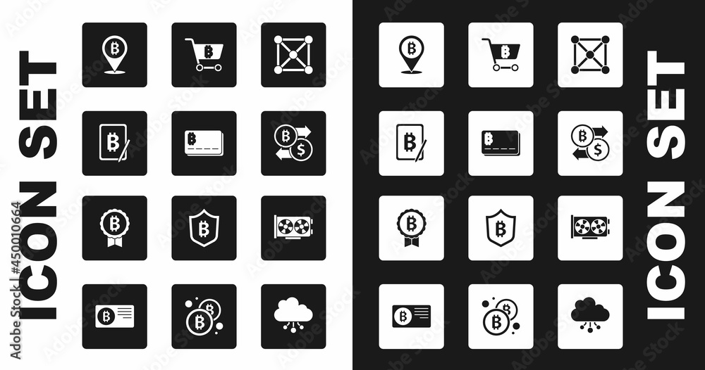 Set Blockchain technology, Credit card with bitcoin, Mining from tablet, Bitcoin, Cryptocurrency exchange, Shopping cart, Video graphic and icon. Vector Set Blockchain technology, Credit card with bitcoin, Mining from tablet, Bitcoin, Cryptocurrency exchange, Shopping cart, Video graphic and icon. Vector