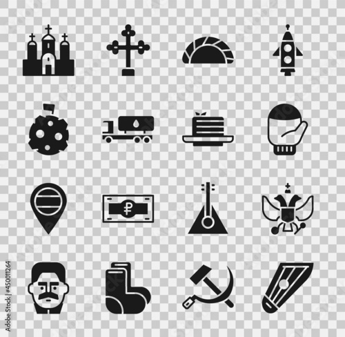 Set Kankles, National emblem of Russia, Christmas mitten, Dumpling, Tanker truck, Moon with flag, Church building and Medovik icon. Vector