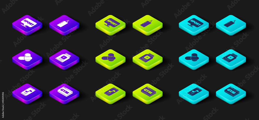 Set Music player, Online fitness and training, Sports nutrition, Punching bag and Location gym icon. Vector Set Music player, Online fitness and training, Sports nutrition, Punching bag and Location gym icon. Vector