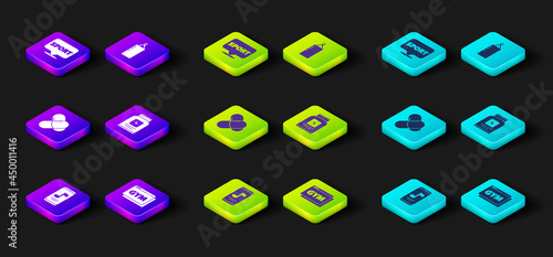 Set Music player, Online fitness and training, Sports nutrition, Punching bag and Location gym icon. Vector