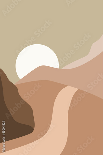 Minimalist desert landscape with mountains at the sunset. Artistic modern vector illustration for wall decor, t shirt print, social media background etc