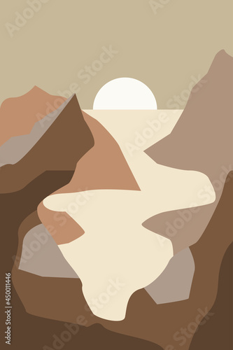 Minimal landscape with mountains at the sunset. Artistic modern vector illustration for wall decor, t shirt print, social media background etc