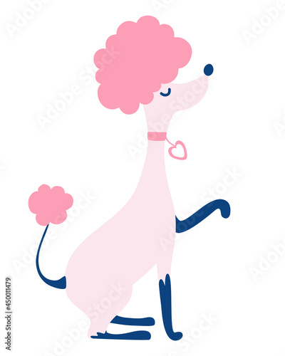 Princess Poodle dog. Сute pink poodle gives a paw. Childish illustration. Smart circus pet. Cartoon flat vector illustration isolated on white background.