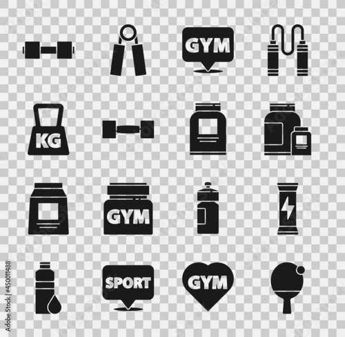 Set Racket and ball, Sports nutrition, Location gym, Dumbbell, Weight, and icon. Vector