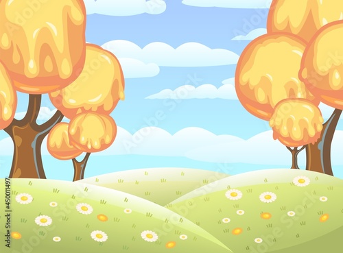 Fabulous sweet forest. Flows of yellow cream, jelly or caramel. Clouds. Trees with chocolate trunks. Cute hilly landscape for children. Beautiful fantastic illustration. Vector