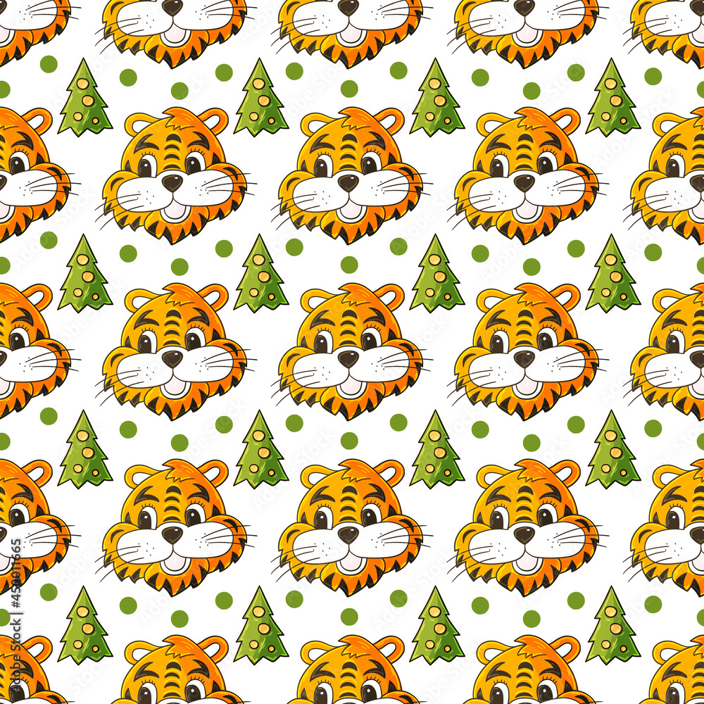 Seamless vector pattern with the heads of tigers in Christmas hats, Christmas trees. 2022. Can be used for fabric