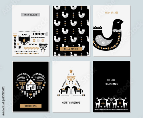 Winter folk art greeting card set in Scandinavian, Nordic style.