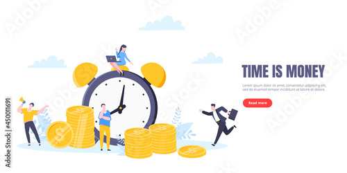 Time is money or save time business concept flat style vector illustration isolated on white background. Financial investment and marketing planning of money growth with US coin, big clock and people.