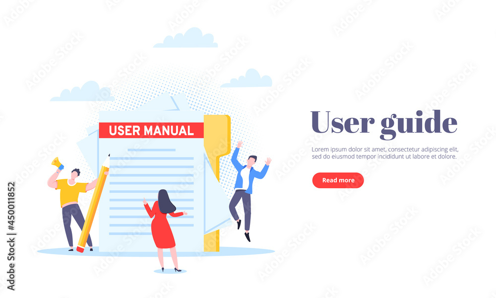 User manual guide book flat style design vector illustration. Tiny people and giant pencil working together with guide book. Specifications user guidance document.