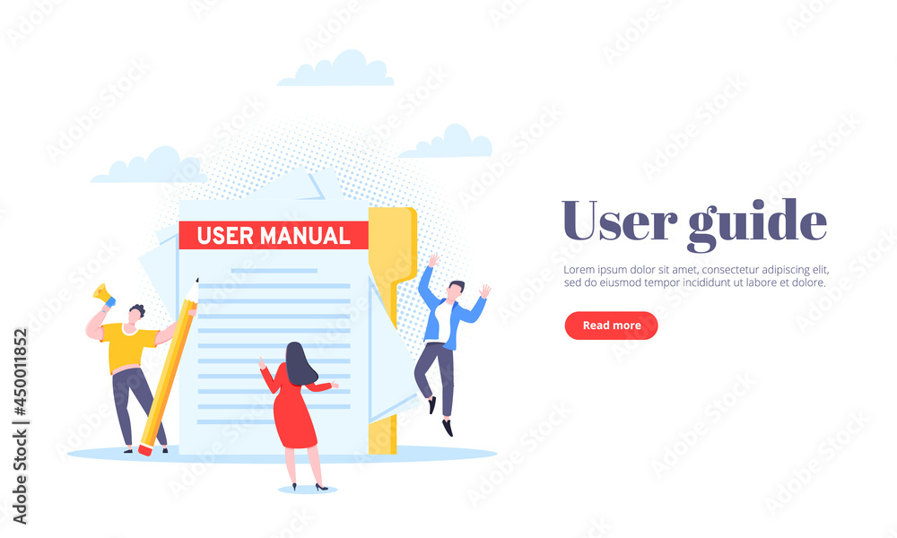 User manual guide book flat style design vector illustration. Tiny people and giant pencil working together with guide book. Specifications user guidance document. User manual guide book flat style design vector illustration. Tiny people and giant pencil working together with guide book. Specifications user guidance document.