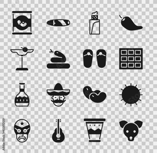 Set Dog, Sun, Chocolate bar, Burrito, Snake, Margarita cocktail, Beans in can and Flip flops icon. Vector