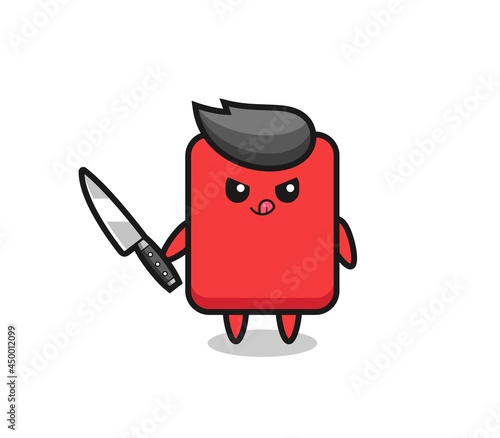 cute red card mascot as a psychopath holding a knife