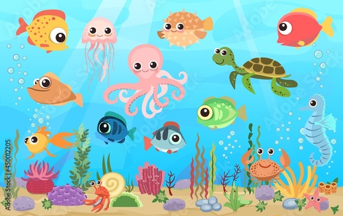 Bottom of reservoir with fish. Blue water. Sea ocean. Octopus. Underwater landscape with animals. plants, algae and corals. Cartoon style illusteration. Vector art
