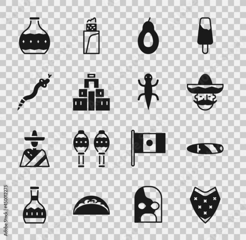 Set Poncho, Cigar, Mexican man sombrero, Avocado, Chichen Itza in Mayan, Snake, Tequila bottle and Lizard icon. Vector