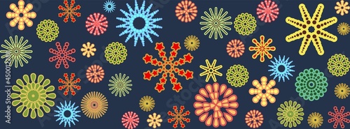 Festive background. Seamless picture. Bright flashes of fireworks in a symbolic style. Horizontal. Petard and squib. Flat design. Cartoon style. Vector