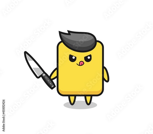 cute yellow card mascot as a psychopath holding a knife