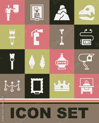 Set Glass showcase for exhibit, Security camera, Museum audio guide, Rock stones, Fire extinguisher, Torch flame, and Human broken bone icon. Vector