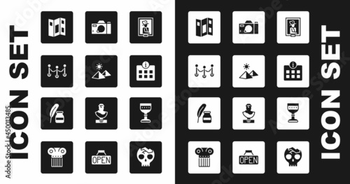 Set Portrait in museum, Egypt pyramids, Rope barrier, Museum guide brochure, Information, Photo camera, Medieval goblet and Feather and inkwell icon. Vector