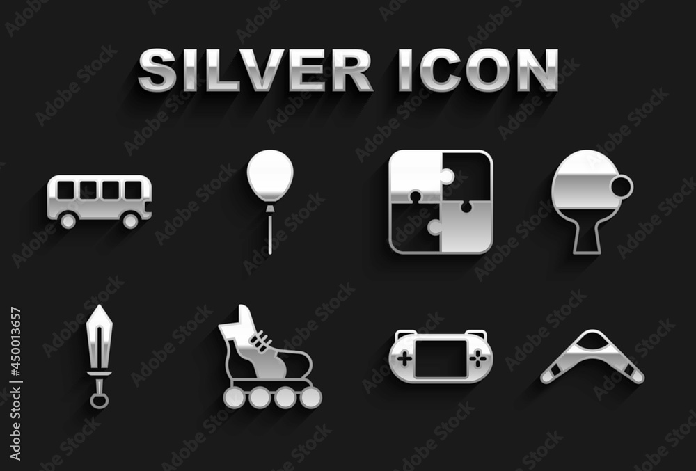 Set Roller skate, Racket and ball, Boomerang, Portable video game console, Sword toy, Puzzle pieces, Bus and Balloons with ribbon icon. Vector Set Roller skate, Racket and ball, Boomerang, Portable video game console, Sword toy, Puzzle pieces, Bus and Balloons with ribbon icon. Vector