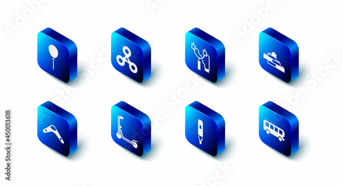 Set Fidget spinner, Slingshot, Toy building block bricks, Bus toy, Marker pen, Scooter, Boomerang and Balloons with ribbon icon. Vector