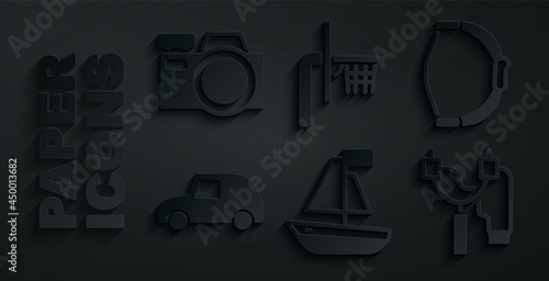 Set Toy boat, Bow toy, car, Slingshot, Basketball backboard and Photo camera icon. Vector