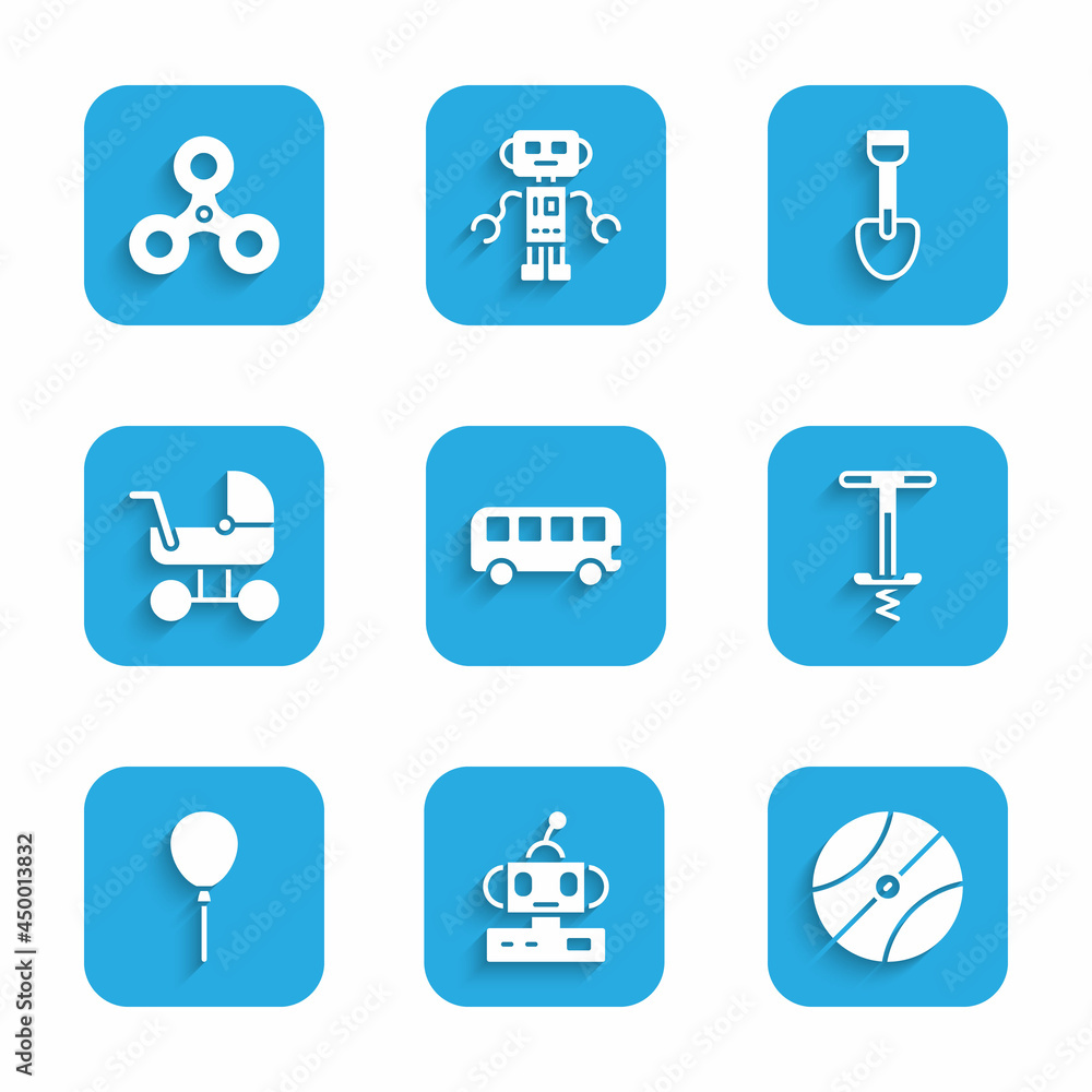 Set Bus toy, Robot, Basketball ball, Pogo stick jumping, Balloons with ribbon, Baby stroller, Shovel and Fidget spinner icon. Vector Set Bus toy, Robot, Basketball ball, Pogo stick jumping, Balloons with ribbon, Baby stroller, Shovel and Fidget spinner icon. Vector
