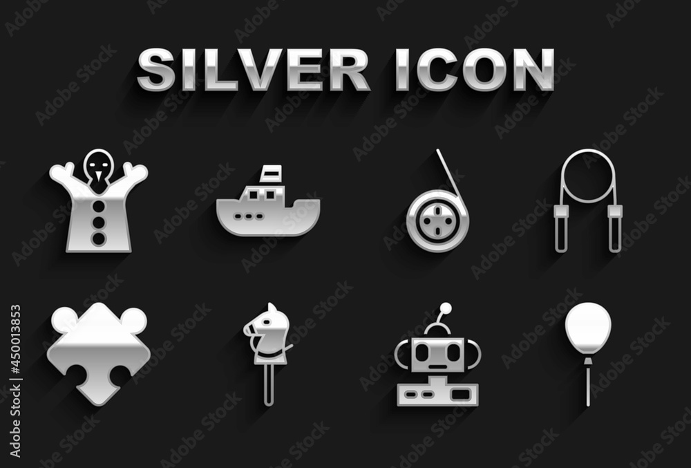 Set Toy horse, Jump rope, Balloons with ribbon, Robot toy, Puzzle pieces, Yoyo, puppet doll hand and boat icon. Vector Set Toy horse, Jump rope, Balloons with ribbon, Robot toy, Puzzle pieces, Yoyo, puppet doll hand and boat icon. Vector