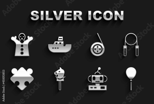 Set Toy horse, Jump rope, Balloons with ribbon, Robot toy, Puzzle pieces, Yoyo, puppet doll hand and boat icon. Vector