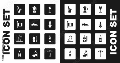 Set Wine glass, Men shoes, Flag Italy, Bottle of wine bucket, Pizza knife, Coffee moca pot, and Tower Pisa icon. Vector