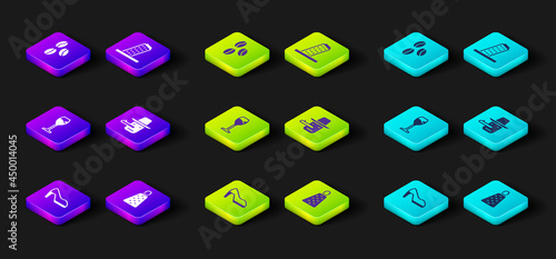 Set Woman shoe, Grater, Wine glass, Pinocchio, Tower Pisa and Coffee beans icon. Vector