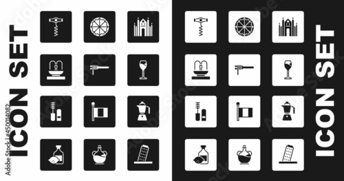 Set Milan Cathedral, Pasta spaghetti, Fountain, Wine corkscrew, glass, Pizza, Coffee moca pot and Mascara brush icon. Vector